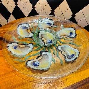 Oyster Shell Motif Fused Glass Platter & Bowl Set — Iridescent Coastal Art Glass